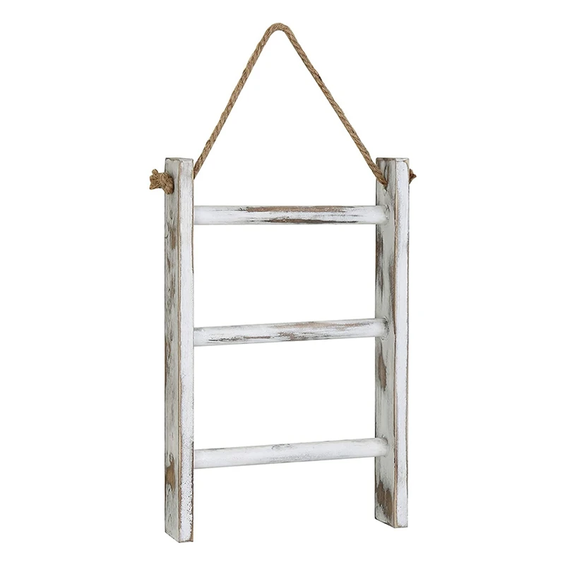 

3-Tier Mini Whitewashed Wood Wall-Hanging Hand Towel Storage Ladder With Rope