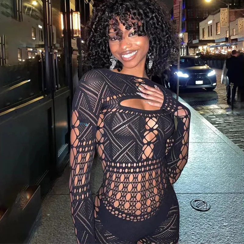 Женский прозрачный комбинезон Spifore черный облегающий с круглым вырезом женский