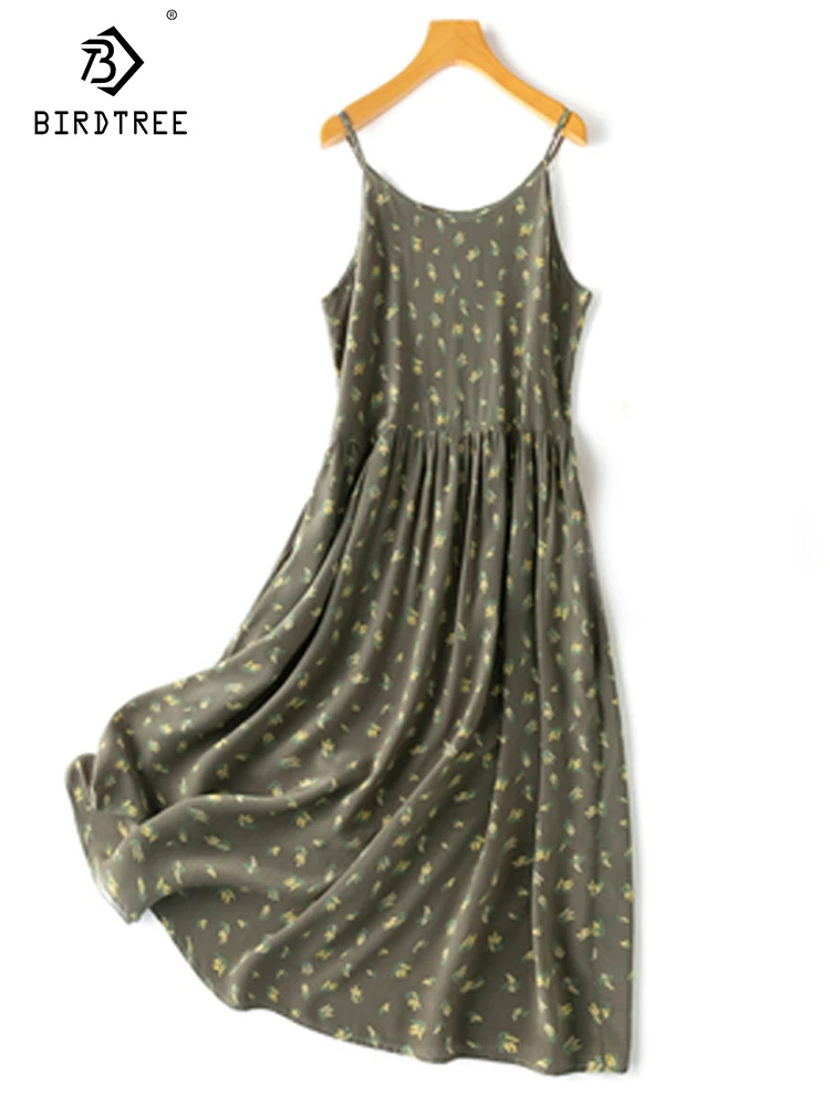 Birdtree 100% Silk Women Dresses Printed Spaghetti Slim Waist Sleeveless Beach Midi Dress 2023 Summer Holiday Clothes D35709C