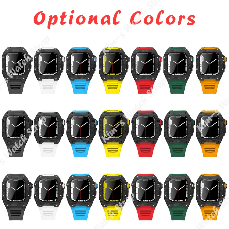 Carbon Fiber Titanium Alloy Case Modification Kit for Apple Watch 7 45mm Fluorine Rubber Strap for iWatch 6 SE 5 4 44mm Band Set