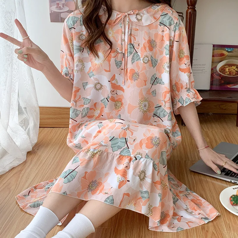 

New Mid Sleeved Summer Pajama Dresses For Women Thin Style Round-Neck Printing Princess Girl Nightgown Can Be Worn Externally