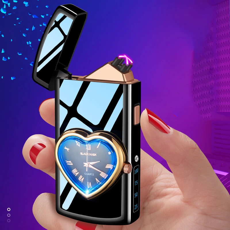 

Metal True Watch Love Dial USB Charging Lighter Windproof Dual Arc Power Display Color Light Smoking Accessories Gadgets
