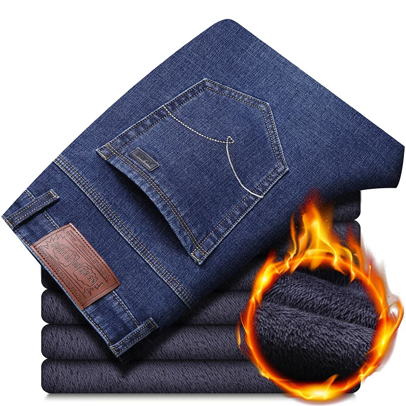 

Мужские теплые джинсы классического стиля, черные утепленные флисовые брюки из денима, Брендовые брюки стандартного кроя, Новинка для зимы 2022