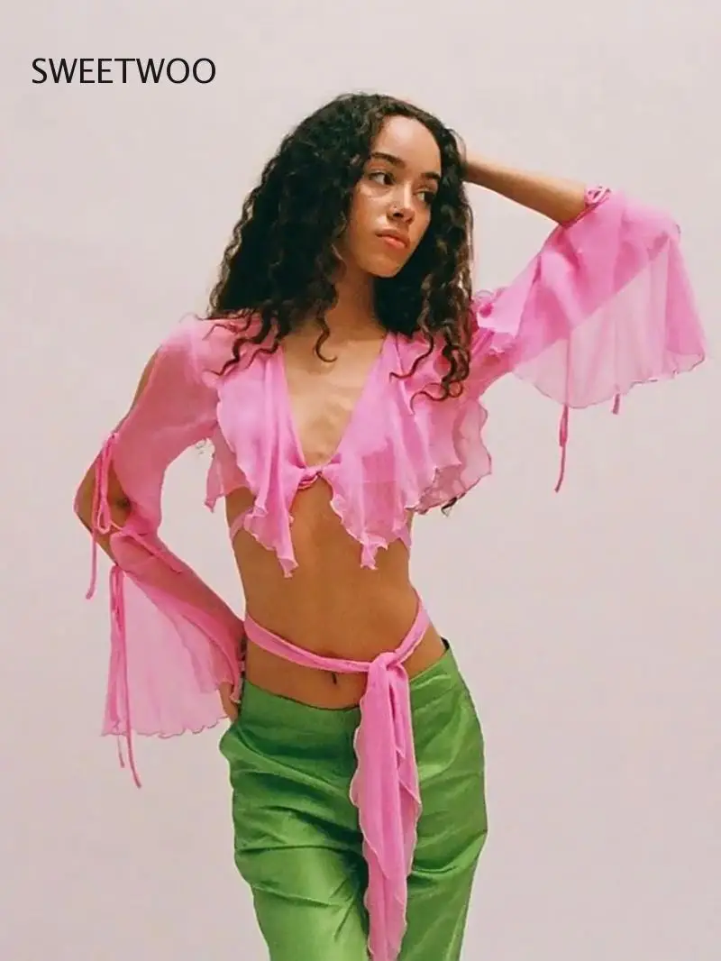 Женская футболка с глубоким V-образным вырезом, привлекательный сетчатый топ с оборками, короткий топ с бахромой, летняя одежда для отдыха, женская модная шикарная одежда для отдыха, 2022