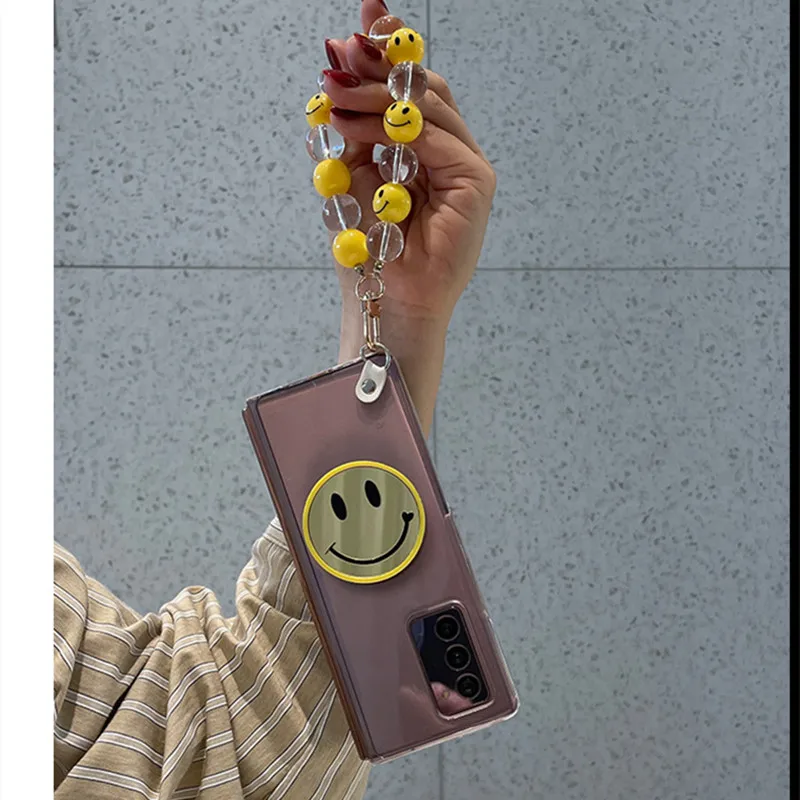 

INS Round Smiley Bead Phone Chains Pendant Phone Case For Samsung Galaxy Z Fold 4 Z Fold 3 Z Fold 2 Folding Protective Cover