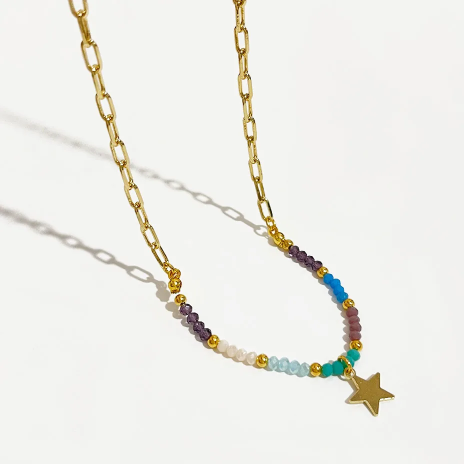 

Peri'sBox Cute Multicolor Acrylic Bead Five-Pointed Star Pendant Necklace For Women Trendy Mixed Chain Necklaces