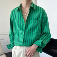 2022 contrasting colors striped mens shirts loose drape long sleeve casual shirt social party tuxedo blouse camisa masculina
