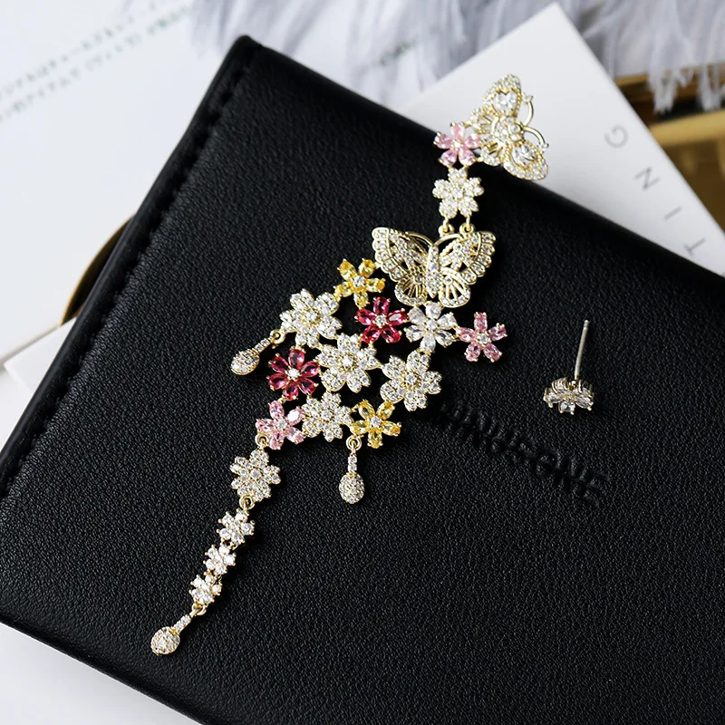 

Fashion Earrings S925 Silver Needle Personality Exaggerated Flower Earrings Dinner Dress Asymmetrical Butterfly Earrings