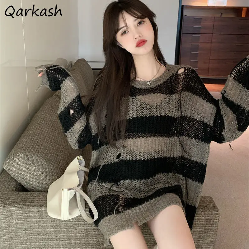 

Pullovers Women Hollow Out Fashion All-match Korean Style Striped Loose Streetwear Leisure Ins Elegant Students Pull Femme Chic