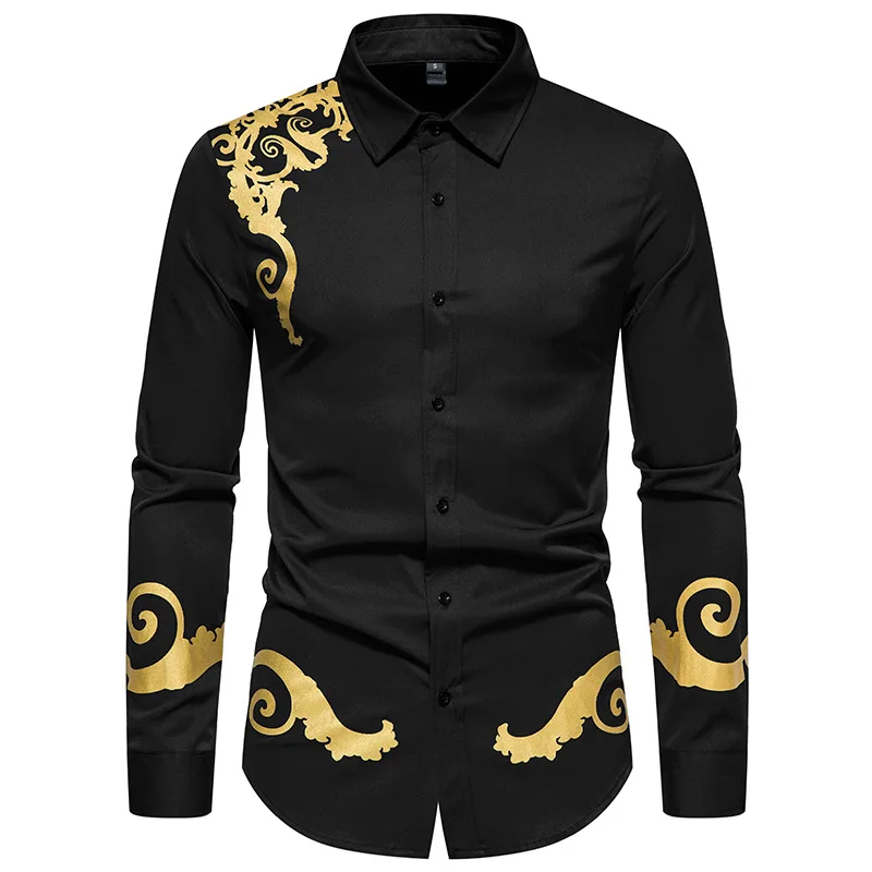 

Mens Casual Button Down Dress Shirts 2023 Luxury Gold Baroque Floral Shirt Men Party Wedding Prom Tuxedo Shirt Camisa Hombre XXL