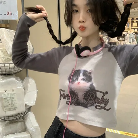 Облегающая футболка в стиле ретро с изображением американского кота и длинным рукавом, новинка, женская футболка для ранней осени, милая Пряная посадка, короткий топ с открытыми плечами - изображение