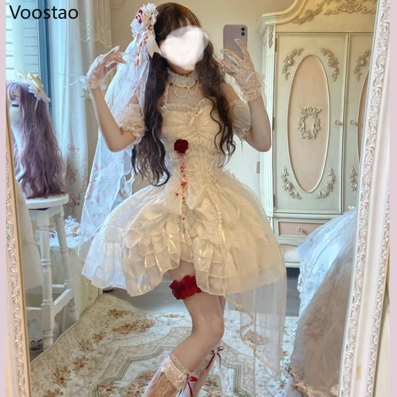Gothic Lolita Princess Dress Women Vintage Terror Blood Bride Halloween Party Dresses Female Y2k Bandage Rose Lace Mini Vestidos images - 6