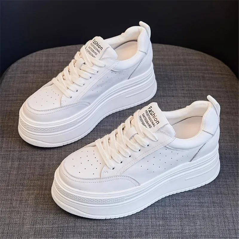 

Spring Autumn White 8cm Genuine Leather Women Casual Shoes Chunky Sneakers Platform Wedge Hidden Heel Women Leisure Shoes