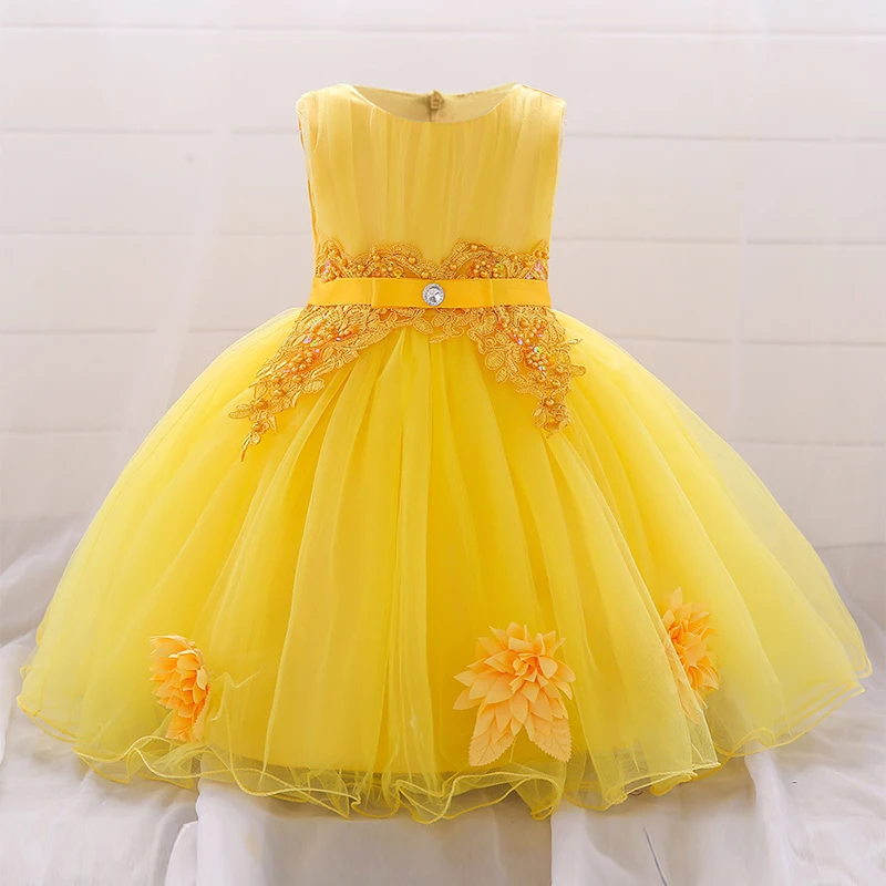 Baby Girl 1st Birthday Party Dresses Yellow Beaded Sequined Flowers Tulle Gown Infant Formal Pageant Prom Christening Costume