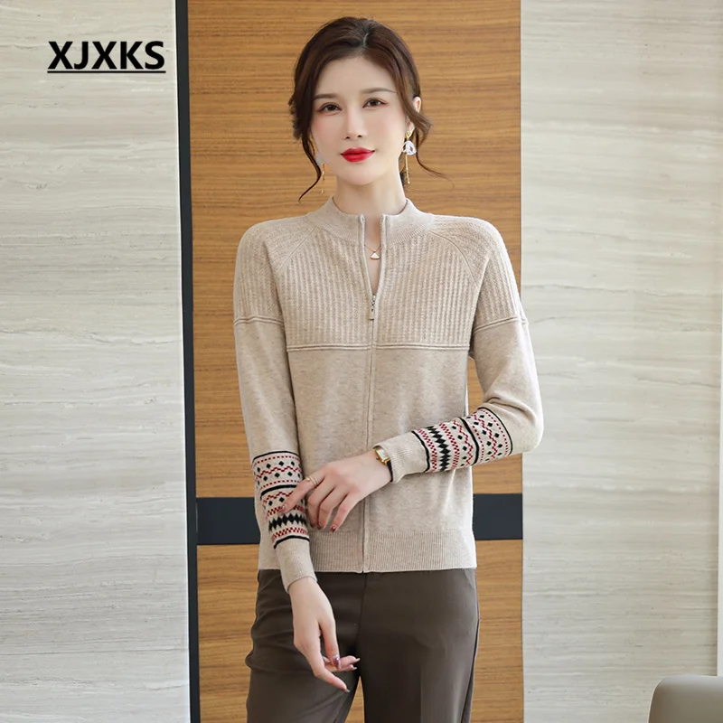 

XJXKS 2022 Autumn And Winter Latest Women's Jacket Comfortable Wool Knitted Zipper Cardigan Female Sweater Coat