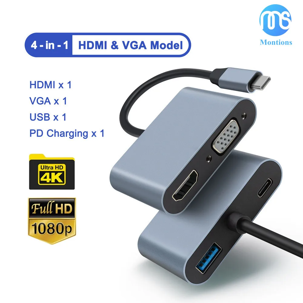 Hub 4 en 1 USB type-c vers HDMI  adaptateur Multiport VGA compatible avec les interfaces type-c
