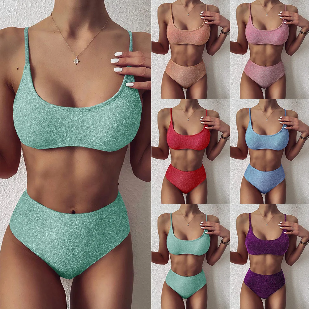 

Women's Swimwear 2022 High Waist Swimsuit Bikinis Sexy Push Up Bathing Suit Glitter Solid Feminine Bikinis Biquini Strap Set