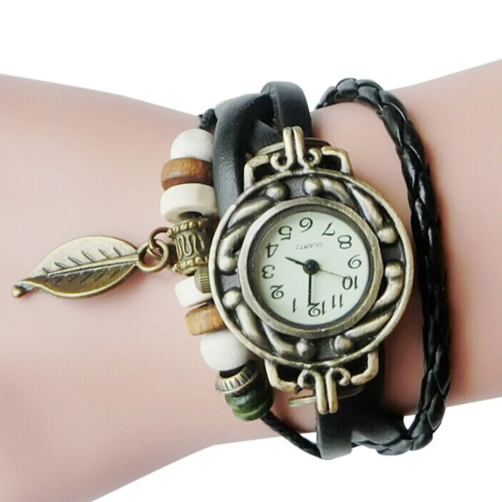 

Women Children Retro LeatherWinding Bracelet Leaf Pendant Watch relógio feminino часы женские 2022 тренд zegarek damski relogio