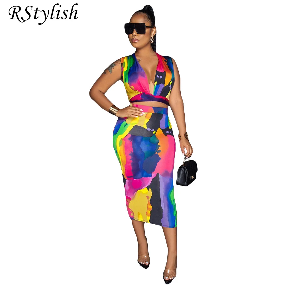 

RStylish Tie Dye Sleeveless Deep V Neck Crop Top And Midi Skirt Suit Sexy Two Piece Set Women Clubwear Elegant Summer Outfits