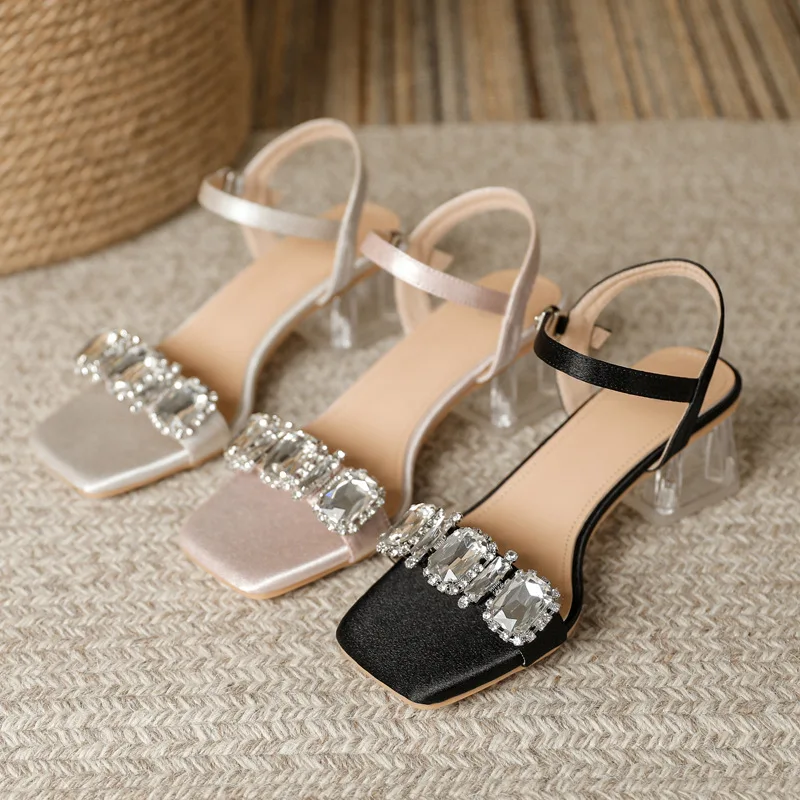 

Beige Heeled Sandals Low-Heeled Shoes With Strap 2023 Summer Large Size Black Low-heeled Rhinestone Big Block Retro Girls Clear