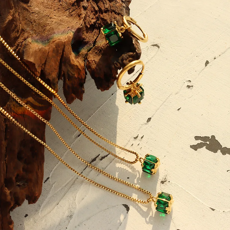 Carliдана 2 шт./компл. винтажные изумрудное ожерелье с подвеской/серьги-кольца 18K из нержавеющей стали с зелеными кристаллами для женщин