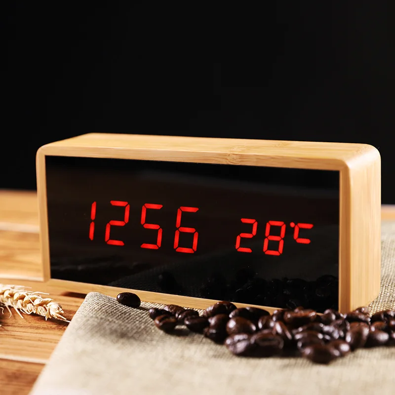 

Electronic LED Clock Bamboo Wood Craft Table Clock with Temperature/Date/Time Display Desk Mirror Alarm Clock Home Desktop Decor