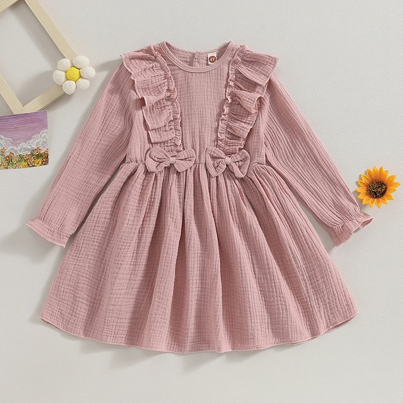 

3-7Y Baby Clothes Girls Autumn Casual A-line Dress Pink Long Sleeve Crewneck Pleated Ruffle Dress with Bow Decor