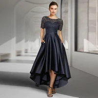 vintage mother of the bride dresses hi lo satin navy blue with lace bridal gown for woman short sleeves custom formal vestidos