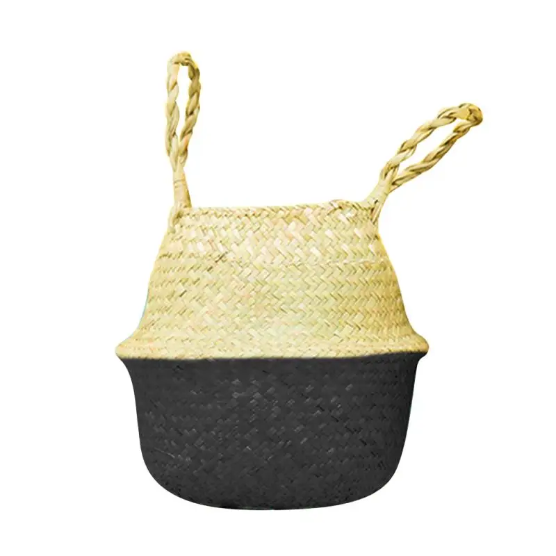

Seaweed Wicker Basket Manual Woven Shopping Basket Plant Flowerpot Foldable Handmade Dirty Laundry Basket Storage Organizer