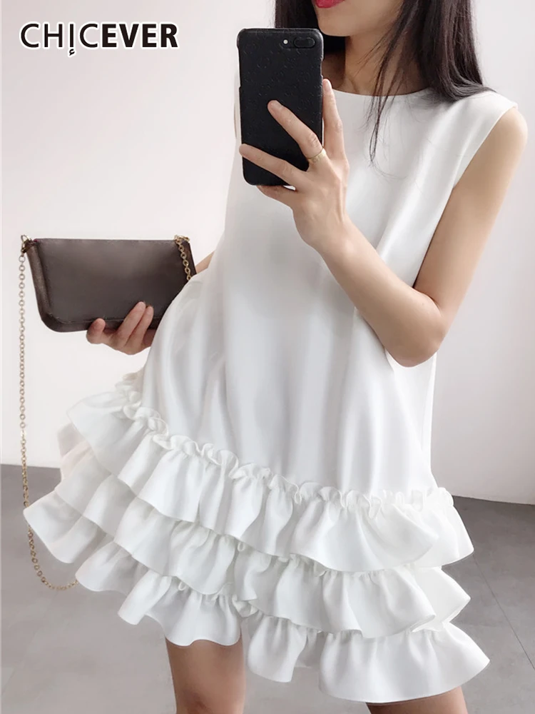 

CHICEVER Frill Trim Vintage Dress For Women Round Neck Sleeveless High Waist Solid Mini Dresses Female Summer Clothing Fashion