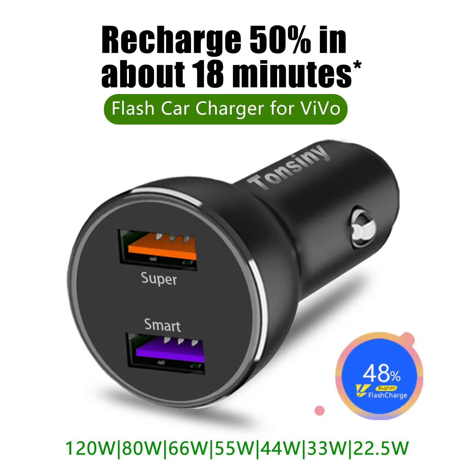 For vivo car charger,120W 2 port cigarette lighter charger,12-24V metal car phone charger for vivo X90/X80/X60/Y72/Y33/V21/V25