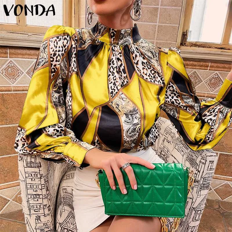

VONDA Leopard Printed High Neck Women Spring Puff Sleeve Pleated Blouses Femme Casual Printed Chemise Bohemian Party Blusa Tops