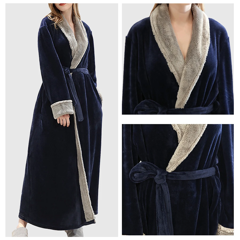 Thick Flannel Long Robe Full Length Bathrobe Long Sleeve Casual Warm Nightgown Sleepwear Breathable Housecoat Clothing