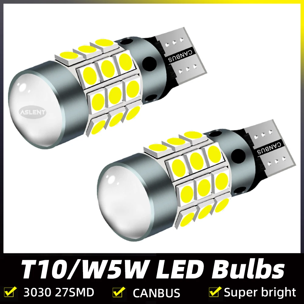 Фото Универсальные 2 шт. T10 194 3030 27SMD светодиодные клиновые лампы для освещения номерного знака, боковые габаритные огни, стояночные огни DRL Canbus, без ошибок, 12 В №1