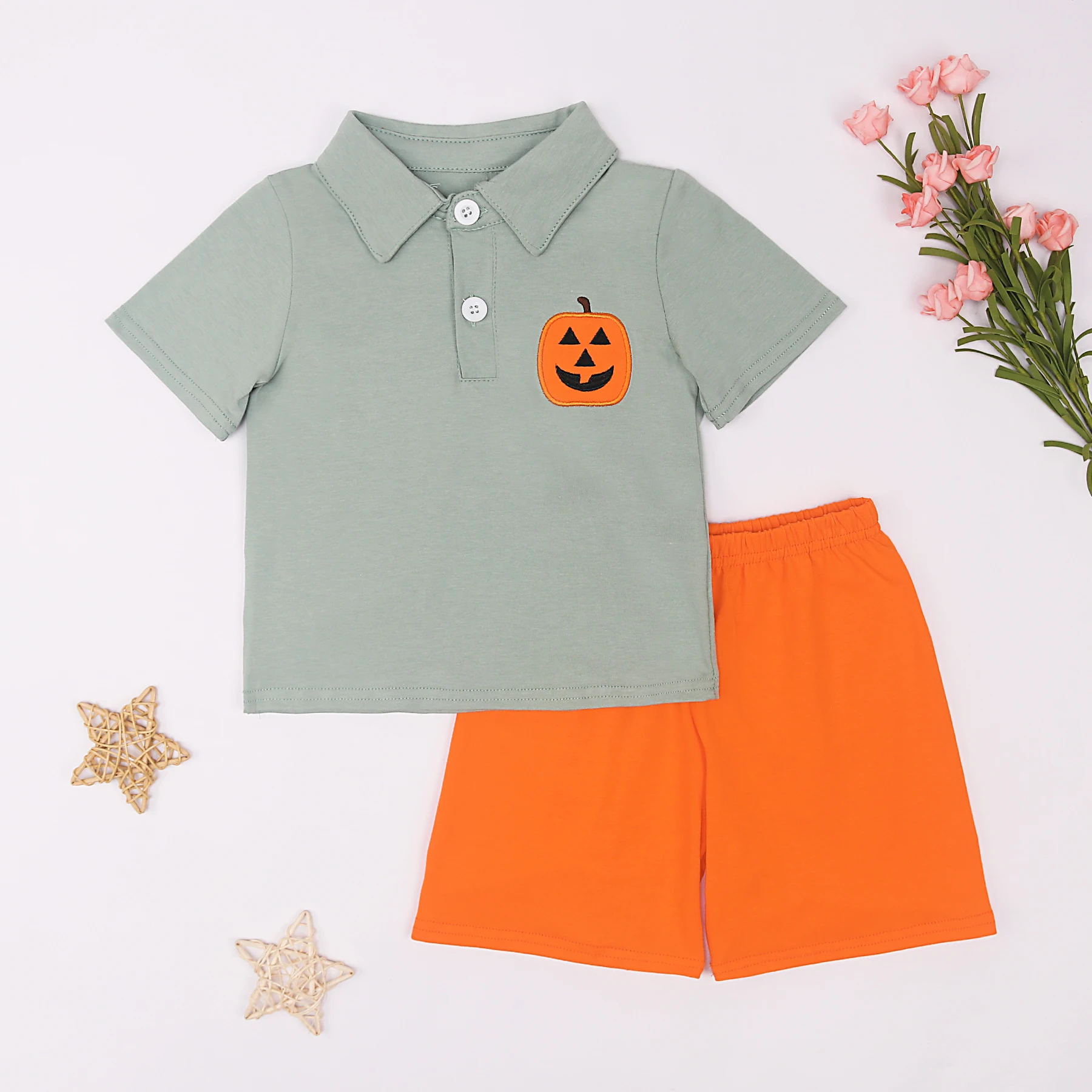 

Ready To Ship 1-8T Halloween Boy Outfits Green Top Orange Pants Two-piece Suit Pure Cotton Set With Cartoon Pumpkin Embroidery