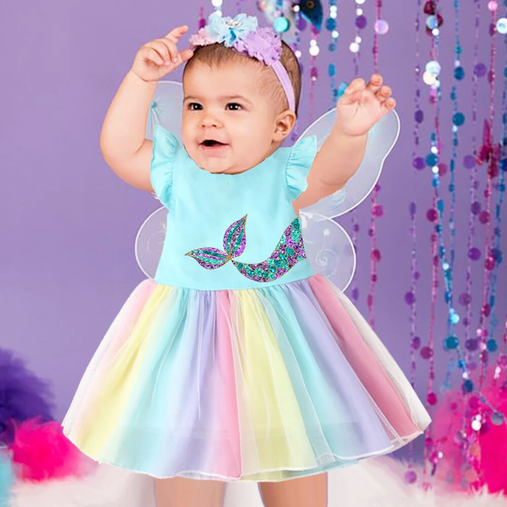 Mermaid tail Tutu Dress Birthday Outfit Dresses Toddler Birthday Dress Mermaid inspired Girl Costume princess rainbow dress
