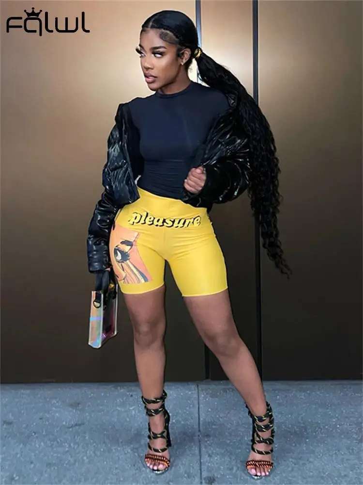 

Habbris Summer Sexy Bodycon Graphic Shorts Women 2022 Bodycon High Waist Print Letter Yellow Shorts Female Club Shorts Women