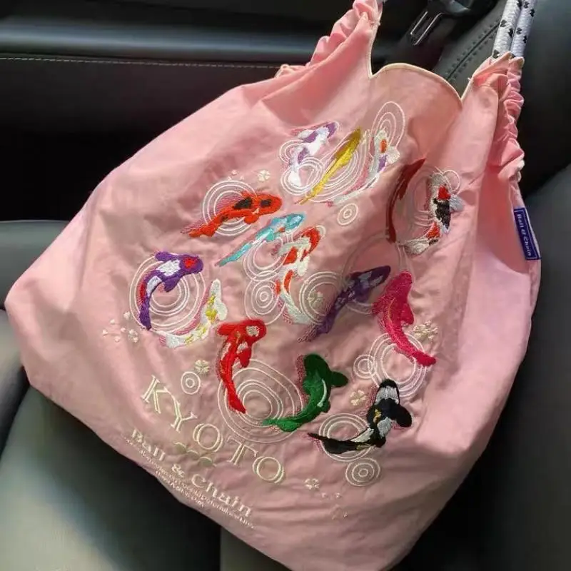 

Nylon Tote Bag Women Koi Embroidery Eco Friendly Shopper Casual Design Shoulder Bag Girl Embroidery Large Capacity Handbag