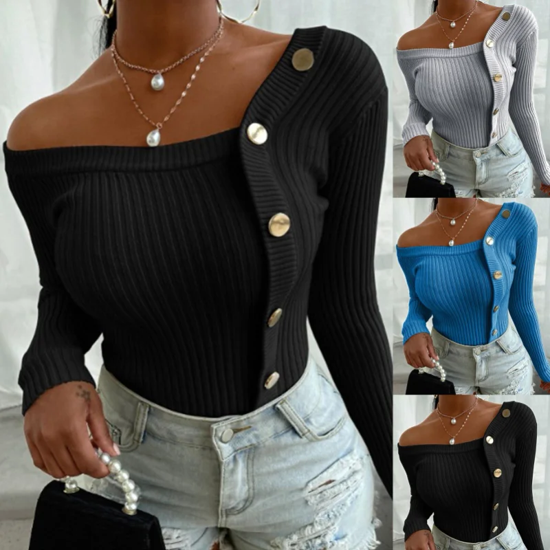 

2023 New Fashion Women Tops S-2XL Autumn Blouse One Shoulder Ribbed Slim Knit Splice Button Thread Sweater 3 Colors