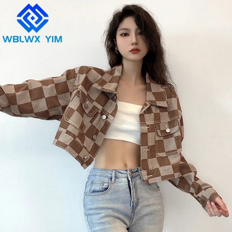 

Vintage Jeans Jacket Women Pocket Lapel Single Breasted Fashion Plaid Denim Jacket Spring Autumn Loose Short Jeans Coat Female