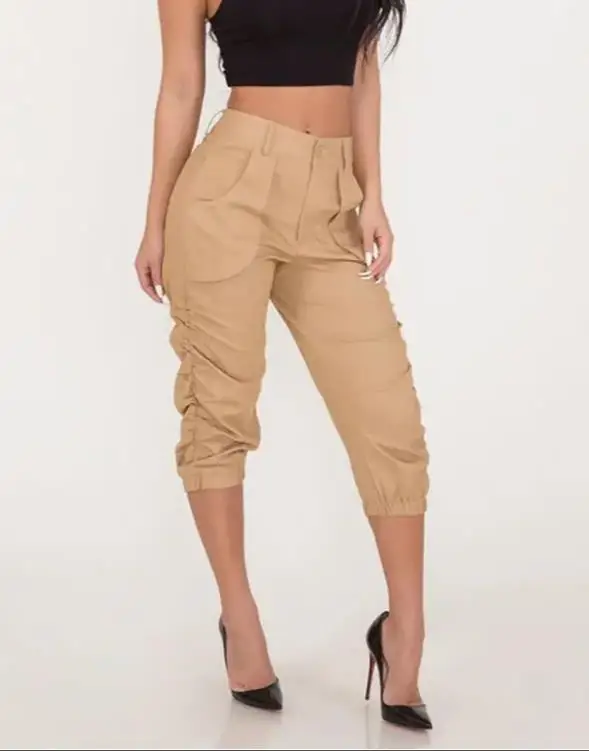 

pants for women 2022 summer new solid pocket detail ruched capris tapered pants fashion causal cargo pants women