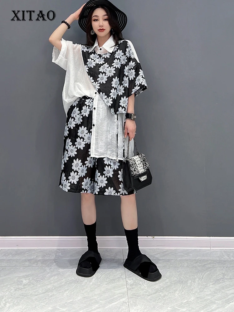 

XITAO Mesh Perspective Two Piece Set Print Pattern Half Sleeve Single Breast Top Elastic Waist Shorts 2022 Minority WMD7171