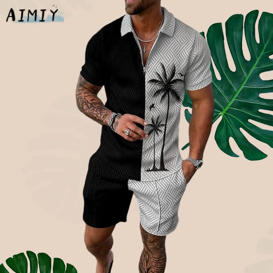 Summer Men's Zip Polo Shirt Golf T-Shirt Set Graphic Prints Tracksuit Turndown Street Short Sleeve Sweatshirt Streetwear Clothes