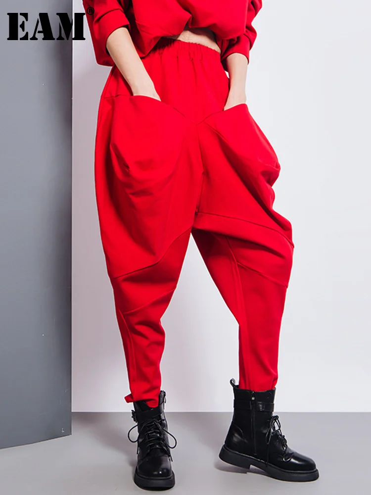 Big Pockets Spliced Irregular High Waist Harem Trousers New Loose Fit Pants Women Fashion Tide Spring Autumn 2023