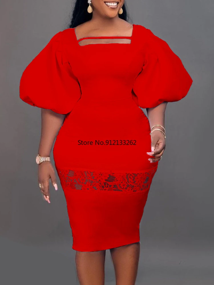 

African Dresses for Women Summer Elegant African Women Half Sleeve Square Collar Polyester Solid Color Knee-length Dress