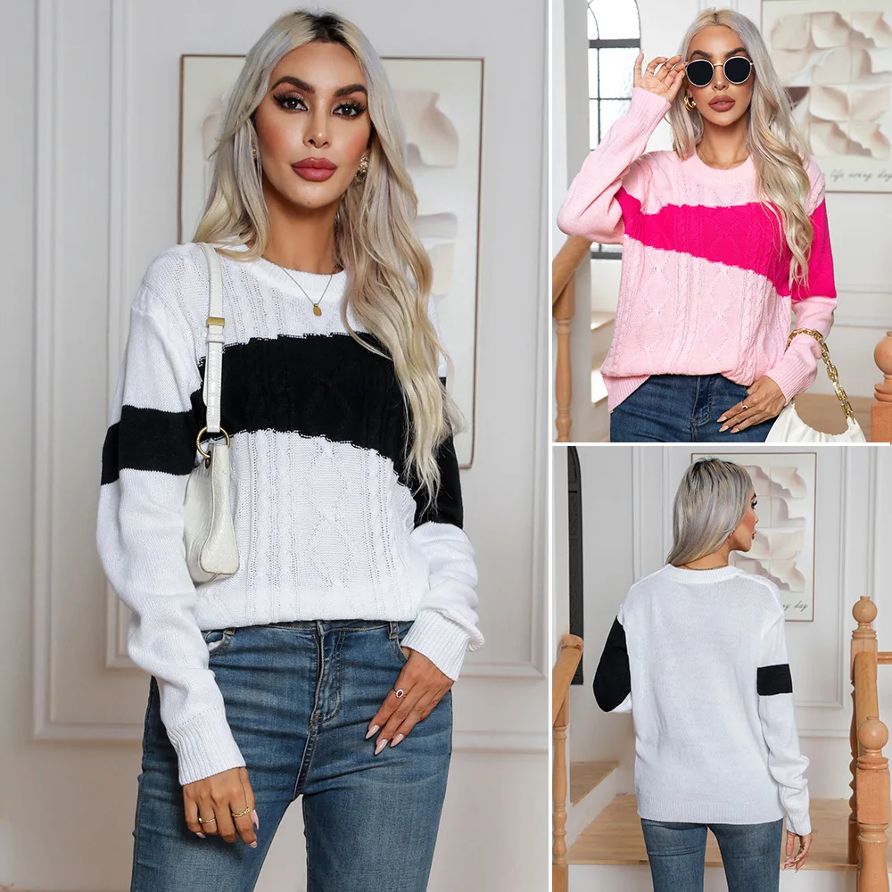 

Contrast Color Twist Sweater Female Pullover Loose Autumn And Winter Long-Sleeved European And American Knitwear New Women'S Wea