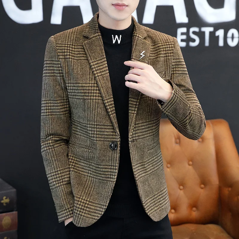 High Quality Blazer Men's Plaid British Style Premium Simple