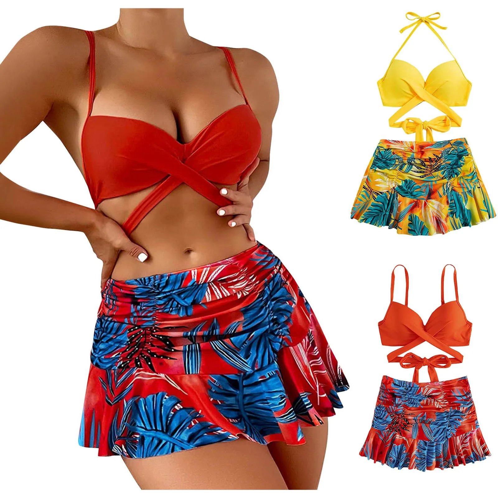 

Women's separate sexy drawstring hanging neck pleated skirt bikini with chest pad no steel bracket swimsuit купальник женский