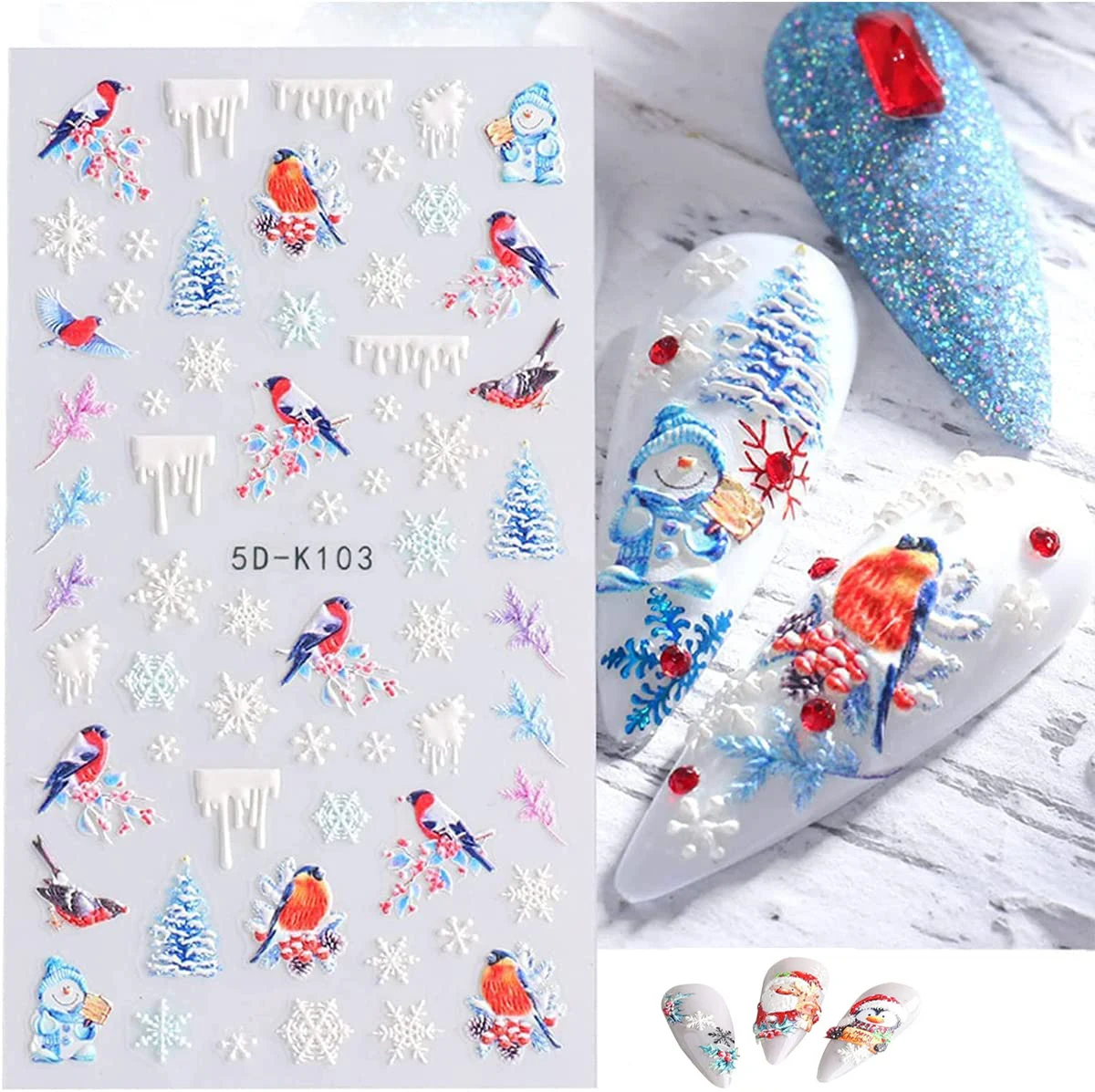 

Merry Christmas 5D Nail Sticker Slider Snowflakes Santa Birds Cartoon Embossed Decal Nail Art Polish Decorations