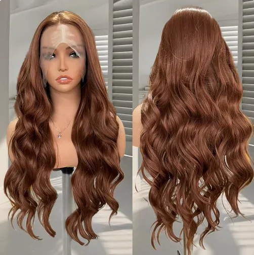 Коричневый парик Объемная волна Синтетические парики фронта шнурка для женщин